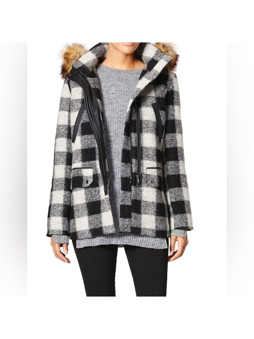 Joie Black And White Checkered Puffer Jacket With Faux Fur Hood